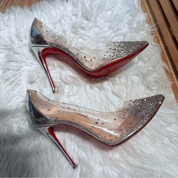 Christian Louboutin Clear and Silver Embellished Heels 100 mm - Picture 4 of 16
